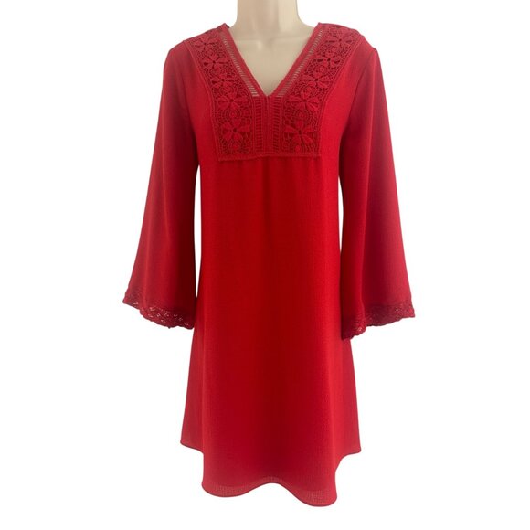Max Studio Red Crocheted V-Neck Wide Sleeve Dress Size S Christmas Holiday Party - Picture 1 of 8